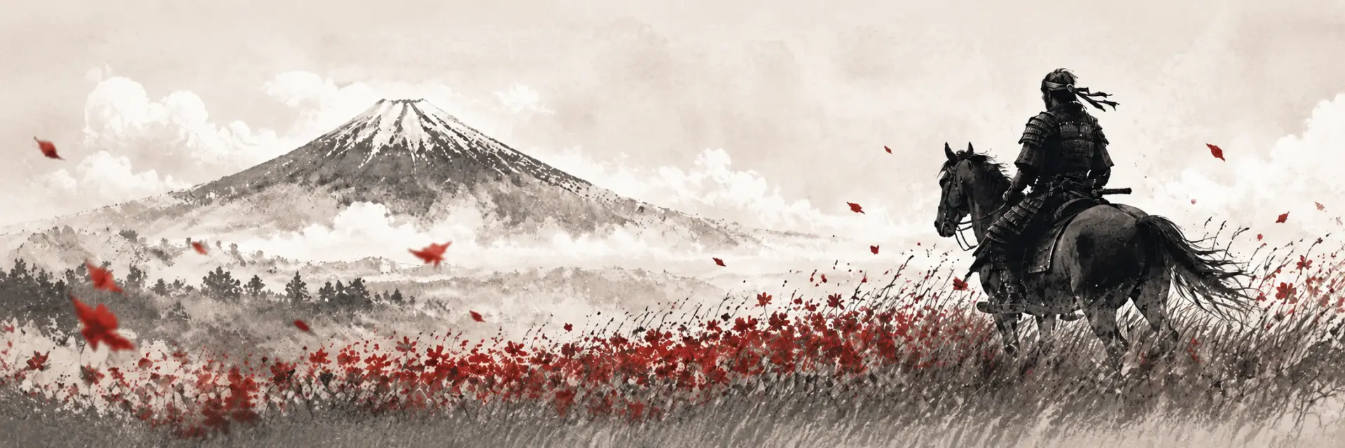 Ink-wash mountain scene with a lone rider