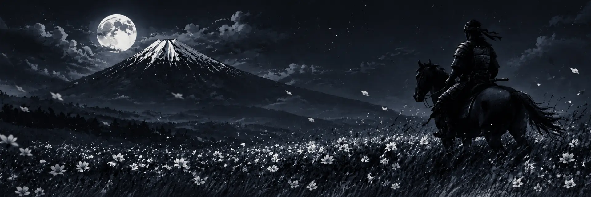 Night mountain scene with a lone rider